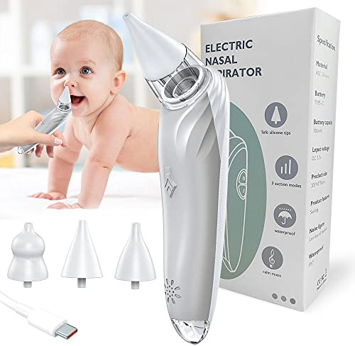 Aspirador nasal eléctrico para bebé, ventosa de nariz de bebé, ventosa automática para bebé, succión ajustable de 3 niveles, recargable, con función de pausa, música y calmante de luz