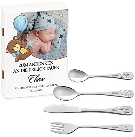 Maverton Kinderbesteck Set mit Gravur + Holzbox mit Aufdruck - mit Tieren - aus Edelstahl - Weiß - Geschenk für Jungen zum Geburtstag zur Taufe Geburt - Foto 2
