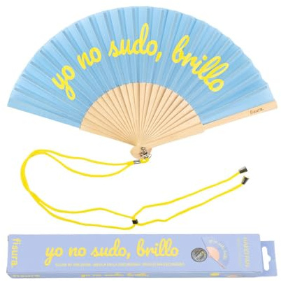 Fisura - Originale ventaglio yo no sudo, brillo. Ventilatore a mano in legno moderno e divertente. Ventaglio blu e giallo. Si illumina al buio. Misure: 42,5 x 23 cm.