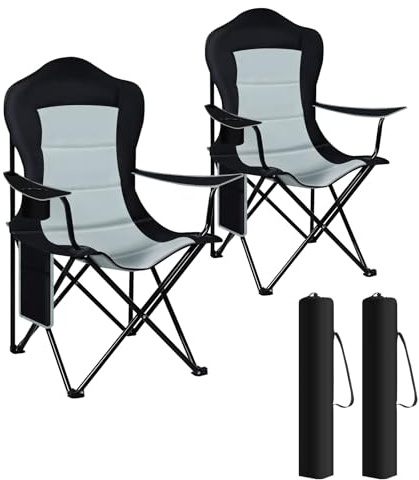 WOLTU 2er Set Campingstuhl Faltbar, Klappstuhl mit Armlehnen, Seitentasche und Becherhalter, Für Outdoor Camping Angeln Garten, Schwarz+Hellgrau