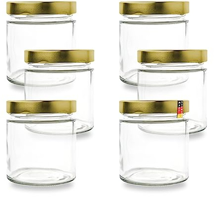 Flaschenbauer - 6er Set Konservengläser 410ml | Einmachgläser mit 82mm TO Deep-Mündung & Goldenen Deckeln | Ideal zum Einkochen, Konservieren & Lagern von Marmelade, Obst, Gemüse und Gewürzen