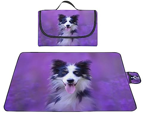 Picknickdecke 180x200cm,XXL Picknickdecke mit Wasserdichter Unterseite,Outdoor Stranddecke Sandfrei,mit Tragegriff Faltbare Picnic Blanket für Camping,Strand,Park,Familie,Konzerte Lila Landschaftshund