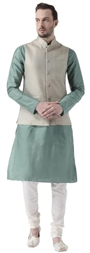 KISAH Men Solid Kurta Jacket Set, Full Sleaves, Knee Length, Straight, Regular Fit, Mandarin Collar Ethnic Traditional wear, Green Cream, 42-43 & Thanksgiving
