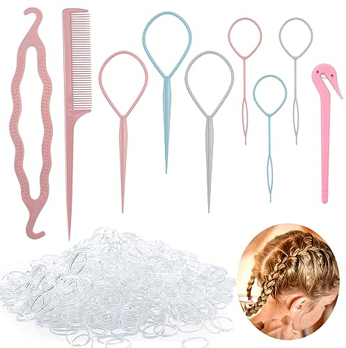 Fantasyon 9 Pcs Topsy Tail Hair Tool With 1500 Pcs Elastic Hair Bands | Hair Braiding Kit Hair Looping Tool Rat Tail Comb Ponytail Holders for Kids Girls Hair Braiding Hair Wedding Hairstyle