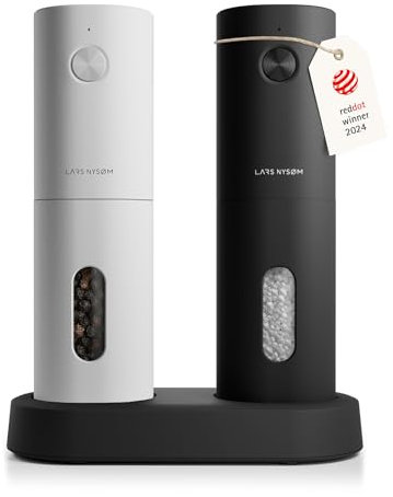 LARS NYSØM Electric Salt and Pepper Grinder Set, USB Rechargeable, Automatic Salt and Pepper Mills, Spice Shakers Refillable with LED Light, Adjustable Coarseness, Ceramic Grinder (Black/White)