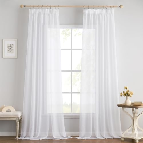 EMEMA 2er Set Sheer Voile Vorhang mit Kräuselband Transparente Gardine aus Voile Polyester Transparent Wohnzimmer Luftig Dekoschal für Schlafzimmer 140 X 225 cm (B x H) Weiß
