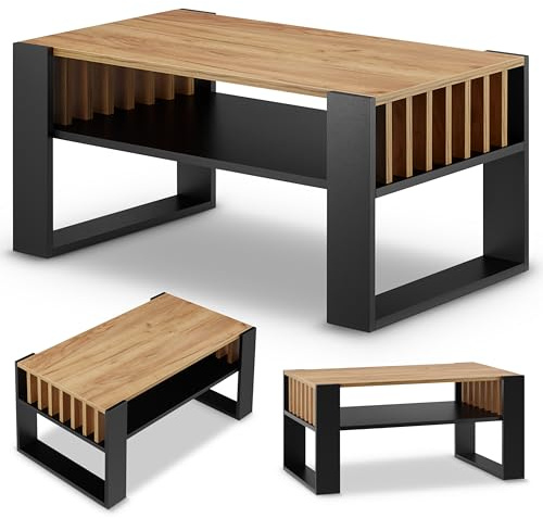 defiPad Mesa de café moderna con compartimento de almacenamiento | 92 cm de ancho con cordero | mesa grande de salón de roble | Maciza y estable | Mesa de café (negro + roble)