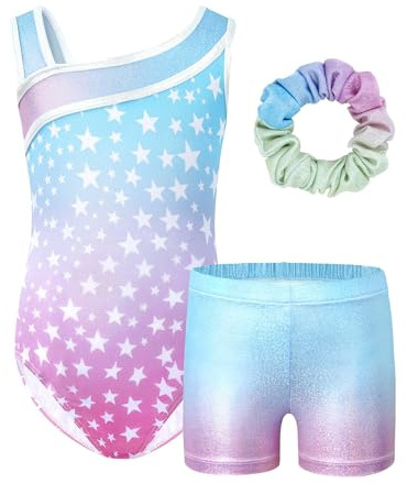 JiAmy Leotardos de gimnasia para niñas, con purpurina, para ballet, baile, ropa deportiva con pantalón corto y banda para el pelo para niños, Juego de estrellas azules degradadas, 11-12 años
