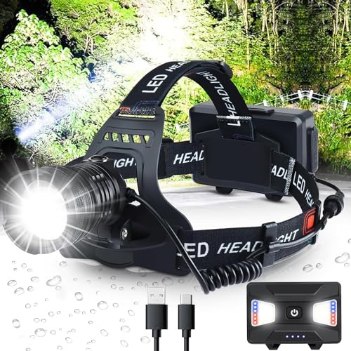 Foleto Stirnlampe LED Wiederaufladbar, Superhell 10000 Lumen Zoombar Kopflampe Stirnlampe, mit 3+3 Lichtmodi & Rotlicht, IPX6 Wasserdicht, 90° Einstellbar Stirnleuchte für Abenteuer, Running, Cycling