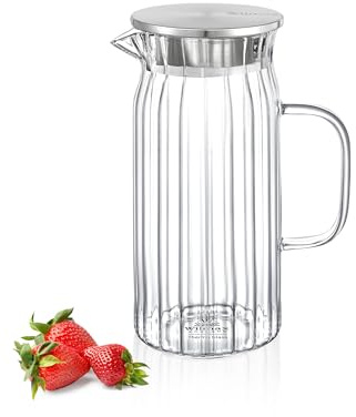 Wilmax | Glaskaraffe mit Deckel aus Edelstahl | 1000ml | Wasserkaraffe aus geriffeltem Glas | Wasserkrug für Saft, Wasser, Eistee, Milch | Glaskaraffe | Wasserkanne | Spülmaschinenfest