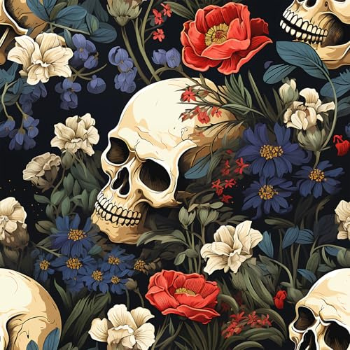 VEELIKE Witchy Totenköpfen Blumentapete Tapete Blumen Blau Schwarz Gotische Mustertapete 44.5cmx300cm Selbstklebende Tapete Blumen Dunkel Fototapete Schlafzimmer Badezimmer Wand Dekoration Ablösbar
