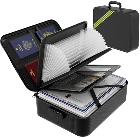 Large Fireproof Document Box with Lock,Upgraded Waterproof Fireproof Document Bag,Important Document Organizer Binder Hard Case Safe,5200℉ Fire Proof File Box,Portable for Business Travel Home