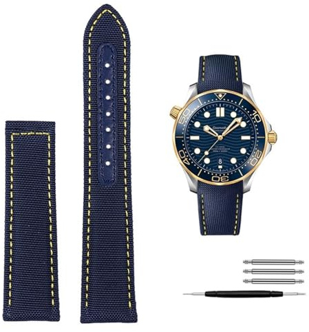KDEGK Hochdichtes Nylon-Lederarmband für Omega New Seamaster 300 Super Master AT150 Stoffleder AQUA TERRA Herrenarmband 19 mm 20 mm(Blue yellow no clasp,19mm)