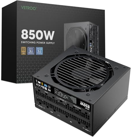 Vetroo 850W Power Supply Dual PCIe 5.1 ATX 3.1 Ready, 80 Plus Gold Full Modular, Quiet Operation with 120mm FDB Fan, 10-Year Warranty - Black