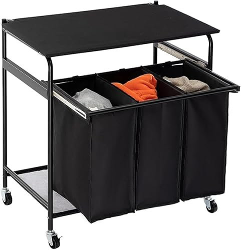 Carrito clasificador de ropa grande con tabla de planchar, 3 bolsas y 4 ruedas resistentes para almacenamiento y nización de ropa