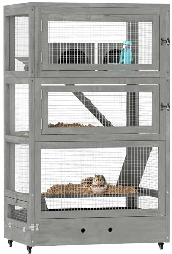 PawHut Hamsterkäfig aus Holz, 65 x 45 x 109 cm Mäusekäfig Nagerkäfig mit Hütten, Wippe, Palette, Futterschalen, 4-Stufig Kleintierkäfig mit Schloss, Rampen, Rollen, für Zwerghamster Grau