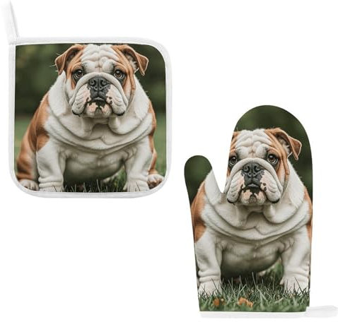 Süße Ofenhandschuhe und Topflappen-Sets mit englischer Bulldogge, Kochhandschuhe, Ofenhandschuhe, hitzebeständig, heiße Pads für Küche, Backen, Geschenke für Frauen, Kochhandschuhe zum Backen und für