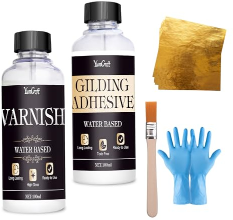 Kit de 100 ml de pegamento para chapado en oro y 100 ml de barniz brillante y hojas de oro, 100 unidades, 1 pincel, juego de pegamento para manualidades, pintura, arte, muebles y decoración