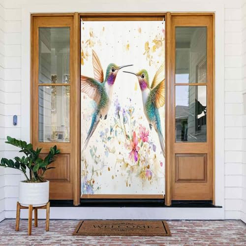 SKKIKHYBPO Rosa Blumen Türabdeckungen Dekorative Supplies Aquarell Türabdeckung Kolibris Banner Dekoration für Innen und Außen Türdekoration