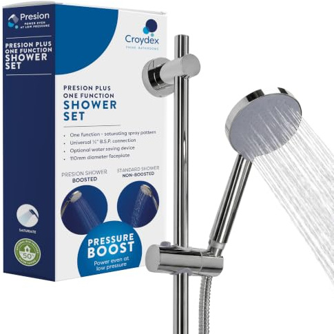 Croydex Presion Pressure Boost Complete Shower Kit with 68cm Riser Rail | Large Head | Improves water pressure | 1.75m Stainless Steel Hose | Adjustable Slider | Screw or glue Flexi-Fix Brackets