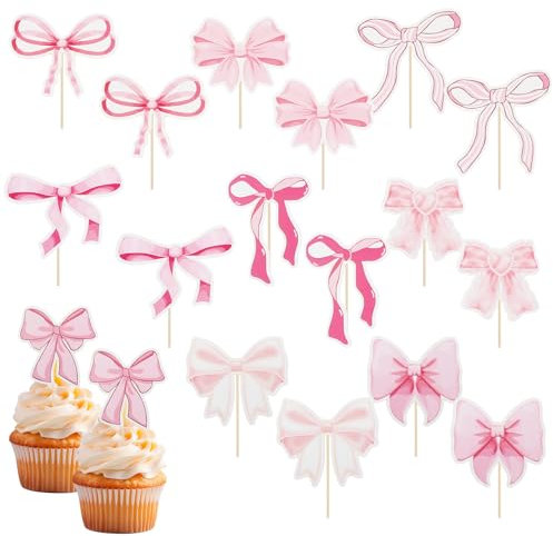 18 Pcs Pink Bow Cupcake Toppers, 9 Pattern Cute Bowknot Cupcake Toppers Picks, Bow Ribbon Themed Party Decorations, Pink Bows Birthday Decor for Wedding Baby Shower Bachelorette Party