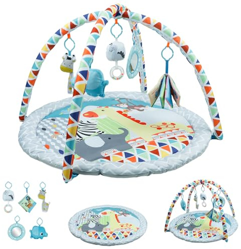 GoldEnough Baby Play Mat, Baby Gym PlayMat for 0-6months Newborn with Hanging Toys and Comfy Mats for Floor Play Playmats & Floor Gyms Toys, Animal-Themed Activity Gym for 0-36 Months Babies Infants