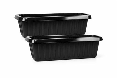 simpa Plastic Chunky Garden Trough Planter Pots 50cm Length - BLACK, Set of 2 Pots - Suitable for Indoor or Outdoor Use with DIY Drainage Holes.