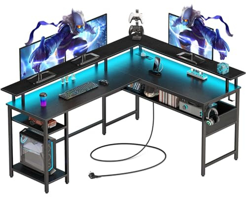 Rolanstar Schreibtisch, Gaming Tisch L Form mit LED & Steckdose, 137 x 108cm Computertisch mit Monitorständer & Stauraum, Reversibler Ecktisch für Büro, Heimbüro (Schwarz)