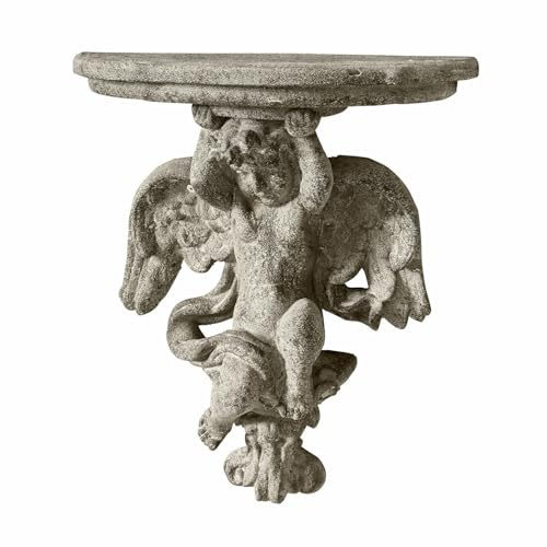 Loberon Wandregal Deronza - mit Engelsfigur - Steinoptik - Besonderer Wandakzent - Wanddekoration - Wandkonsole - Steinpulver - Harz, antikgrau