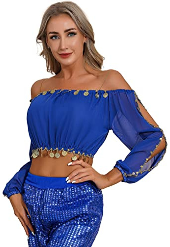 Hansber Costume di Danza del Ventre per Donna Parte Superiore Senza Midriff Camicia per Danza Top Senza Spalle Tunica Blusa con Monete Frange Abito Blu Reale Taglia Unica