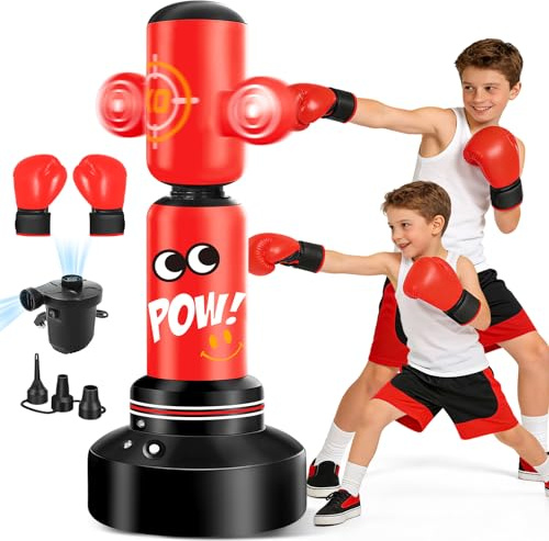JUOIFIP Saco de boxeo giratorio de 360° para niños, saco de boxeo con bomba y cuerda de saltar inflable grande de 63 pulgadas, regalos para niños y niñas para practicar karate, taekwondo