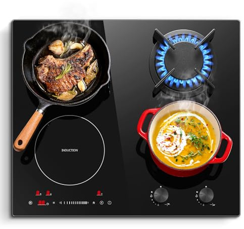 SNDOAS Table de Cuisson Mixte Gaz Induction 4 Foyers 59cm, 7500W Totale, Plaque de Cuisson Induction 4100W avec Boost & Pont, Plaque Gaz 3400W avec Brûleur Wok, Sécurité Enfant, Verre Céramique Noir