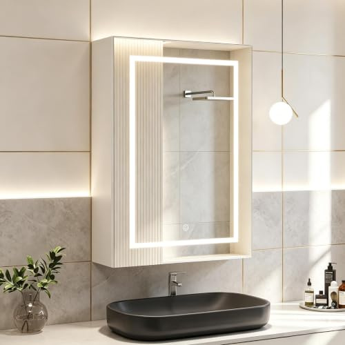 Armadietto da bagno con specchio, armadio da toilette intelligente a LED illuminazione porta, specchio bagno con stoccaggio e ripiano regolabile di gradazione di memoria (bianco-1, 50x15x70)