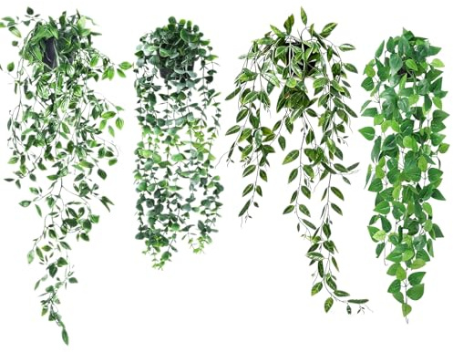 Hsyadazi Plantas artificiales colgantes en maceta, juego de 4 plantas artificiales de hiedra y eucalipto, plantas artificiales decorativas para pared, jardín, salón y decoración de habitación