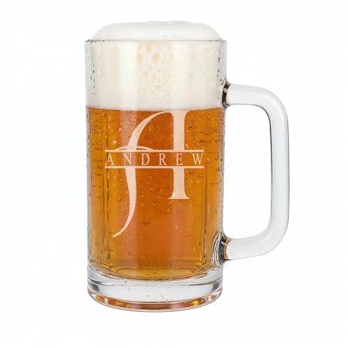 ukgiftstoreonline Personalised Engraved Beer Glass Mug, 540ml, Name and Alphabet, Cylindrical with Fluted Detailing, 11.5x8x15.5cm, Gift for Him