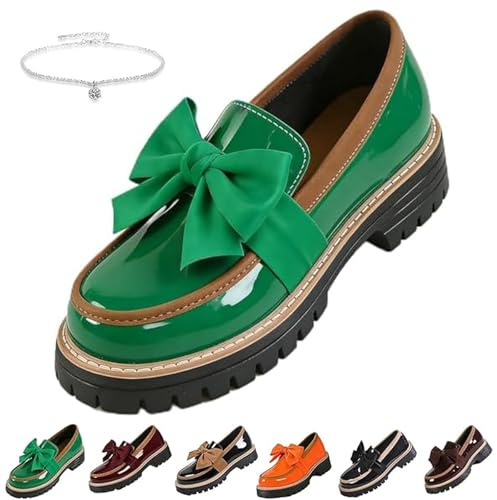 Chaussures rétro à semelle épaisse avec nœud en cuir verni - Mocassins élégants à bout rond antidérapant pour le bureau, les affaires, le travail quotidien, Vert, 38.5 EU