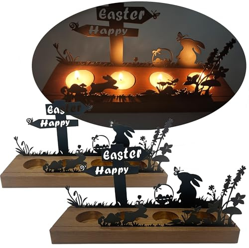 Osterdeko Kerzenhalter aus Holz & Metall – Teelichthalter für 4 Teelichter mit Osterhase & Frühlingsmotiv, Kerzenständer als Tischdeko für Ostern Innen, Ostergeschenk, 2er Set