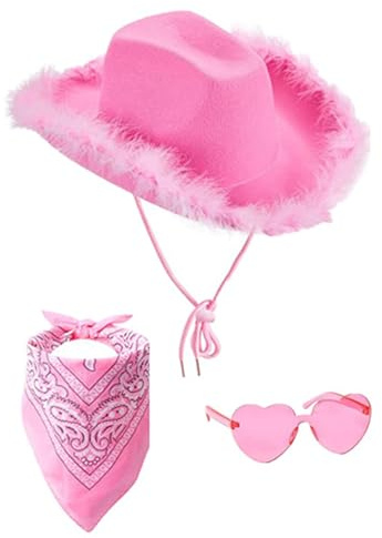 Generisch Rosa Cowboy Hut Damen Set Lustiges Faschingskostüm Damen Western Filzhut Cowboyhut mit Federtrimm Herz Brille und Rosa Bandana Accessoires Westen Cowgirl Karneval Kostüm Cosplay