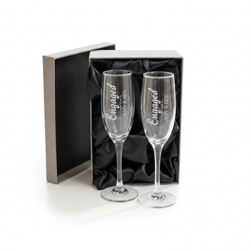 ukgiftstoreonline Personalised Engraved Engagement Champagne Glasses, Laser Engraved, with Luxury Silk-Lined Gift Box, Keepsake Couple Gift