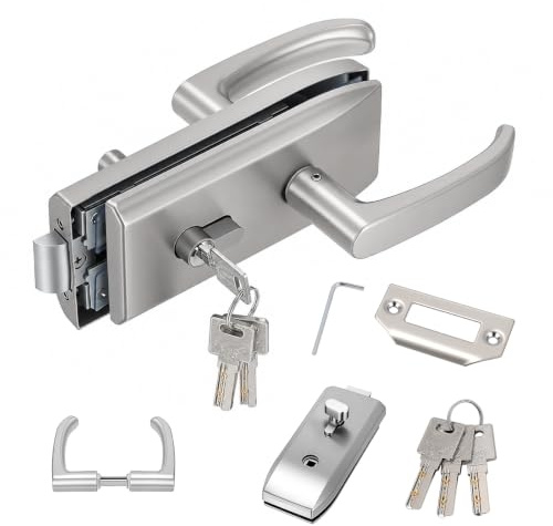 BORDRISE Serrure de porte en verre en acier inoxydable, serrure de porte intérieure avec 3 clés et poignée coulissante, ferrure de porte en acier inoxydable pour verre de 8-12 mm, espace de porte de 5