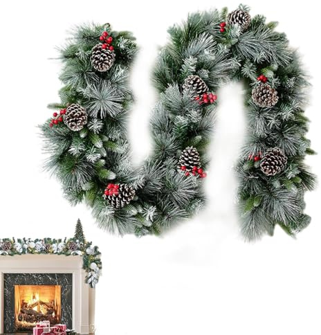 Weihnachtsgirlande für Treppengeländer, 2 m, rote Beeren, realistisch, handgefertigt, Weihnachtsgirlande für Kamin, Tür, Fenster, Hochzeit, Winter