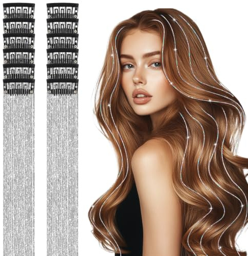 12 PCS Silver Glitter Hair Tinsel Clip in Extensions – 50cm/19.7in Sparkling Hair Strands for Parties, Festivals, Cosplay, Easy-to-Attach Metallic Highlights