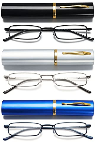 VEVESMUNDO Herren Lesebrille Mini Reise Kleine Kompakte Schmal Metall Lesehilfe Brillen Mit Etui +1.0,+1.5,+2.0,+2.5,+3.0,+3.5,+4.0