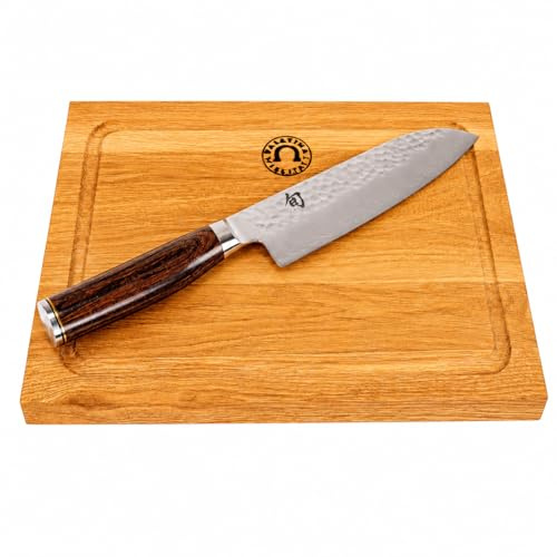 Couteau Santoku KAI Shun Premier Tim Mälzer 18 cm TDM-1702, couteau japonais + planche à découper en bois faite main 30x18 cm (chêne)