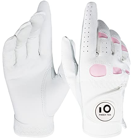 FINGER TEN Women’s Golf Glove Right Hand with Ball Marker Leather Grip 1 Pack, Pink Fit Woman Girl, Size Small Medium Large XL (Medium, Right)