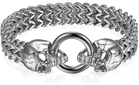 Flongo Herren Armband, Groß Edelstahl Armband Armreif Cuban Curb Gliederkette Francokette Armkette Totenkopf Schädel Fahrradkette Motorradkette Silber Gold Biker Männer Accessoires Herrenschmuck