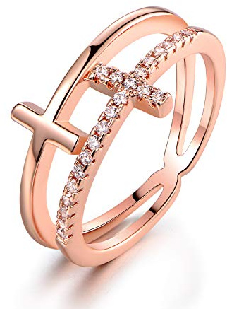Barzel 18k Rose Gold Plated Cubic Zirconia Double Cross Ring (Rose Gold, 9)