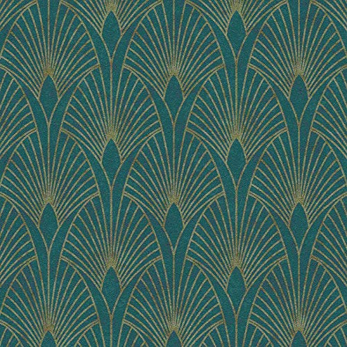 Art Deco Fan Teal Metallic Gold Wallpaper Textured Vinyl