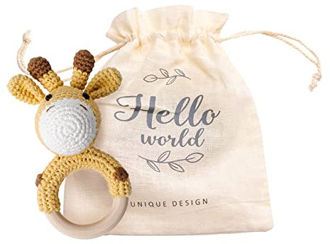 Mamimami Home Beißring Gehäkelte Babyrassel Häkeln Beißring Holz Greifling Baby Rassel Geschenk zur Geburt Handmade Junge und Mädchen,Geschenk zur Geburt(Giraffe)