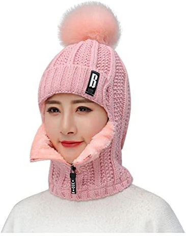 qudang Winter Mütze Schal Set Damen Wintermütze mit Bommel Reißverschluss Sturmhaube Unisex Strickmütze Dicke Fleecefutter 3 in 1 Warm Gefüttert für Outdoor-Wintersport
